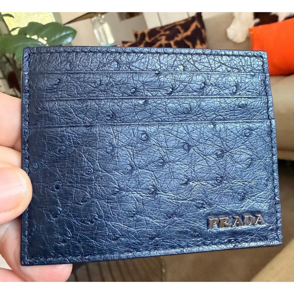 Prada Bleu Ostrich Leather Card Holder Wallet 2MC223‎ Struzzo Navy Blue Italy
